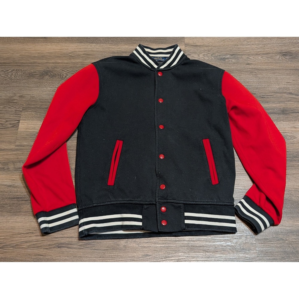 Polo Ralph Lauren Mens Small Varsity Letterman Jacket Black Red Fleece Snap